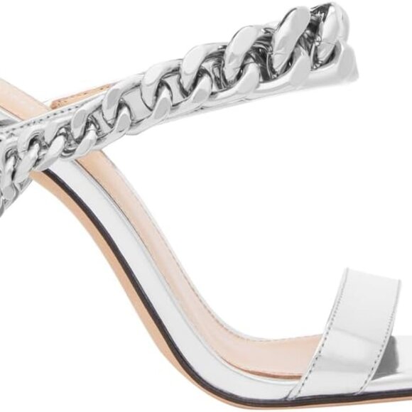 Women's Leather Silver Stiletto Sandals High Heel Chain Detail Elegant - Picture 2 of 3